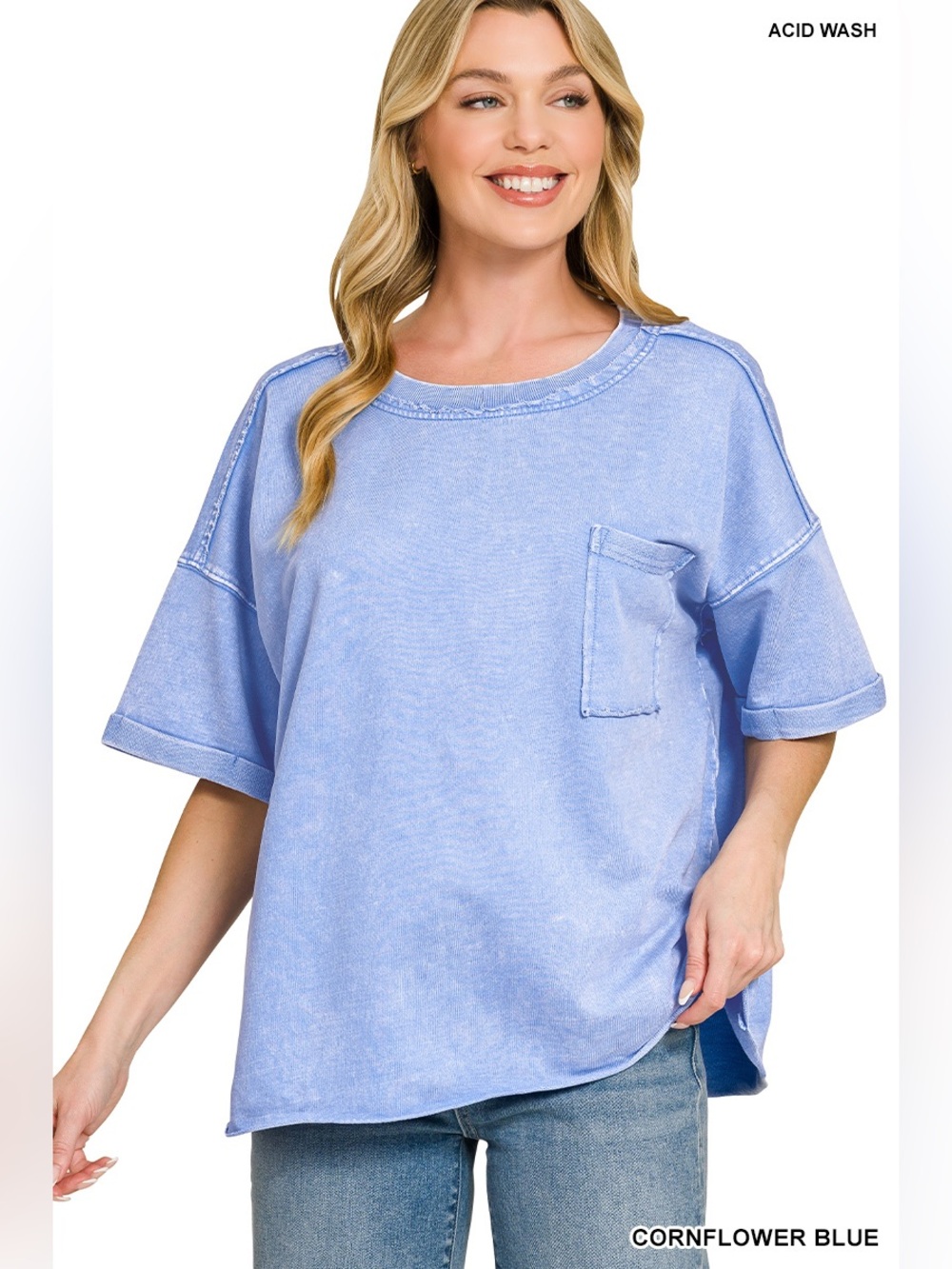 Zenana Acid Wash Blue Women's Relaxed Pocket Tee - Picture 2 of 4